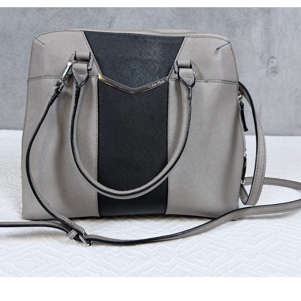 Calvin Klein Gray Black Saffiano Tote Shoulder Bag Crossbody Purse - Picture 3 of 12
